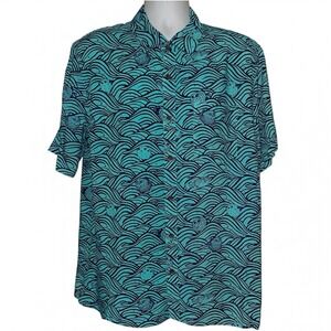 Margaritaville men's blue puffer fish button up short sleeve rayon shirt NEW